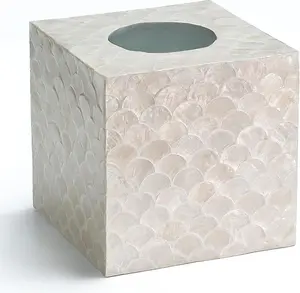 5.9 Capiz Tissue Box Cover, Square Decorative Tissue Holder with Bottom Slider, Hdmade Bathroom Accessories, Elegt White Cube for Vity, Bedroom, Office & Coastal Decor ()