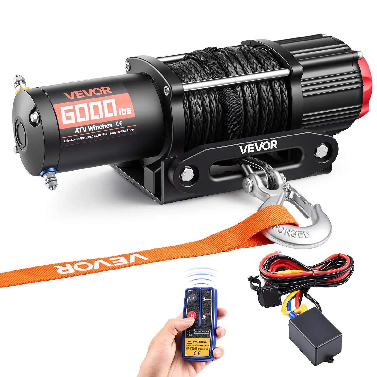 VEVOR 6000lb 12V DC ATV Winch with 0.24in Synthetic Rope, Aluminum Body, Wired/Wireless Remotes, IP55 Waterproof, Color-Coded Wires Make Wiring Simple, Fairlead Mount Plate for ATV/UTV Off-Road Towing in Muddy Terrain