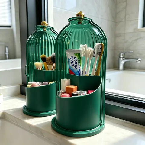 360° Rotating Toothbrush Holder with Cover – Dustproof 3-Slot Bathroom Organizer for Electric Toothbrush, Toothpaste & Makeup Brushes, Anti-Slip Drainage Base, Clear Plastic Vanity Countertop Storage – Gift for Her, Valentine’s Day, Birthday