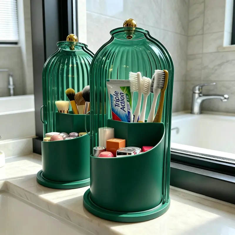 360° Rotating Toothbrush Holder with Cover – Dustproof 3-Slot Bathroom Organizer for Electric Toothbrush, Toothpaste & Makeup Brushes, Anti-Slip Drainage Base, Clear Plastic Vanity Countertop Storage – Gift for Her, Valentine’s Day, Birthday