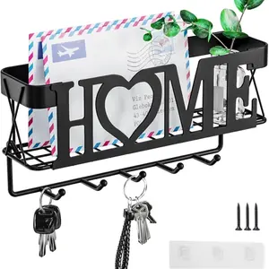 Key Holder for Wall - Key Rack with 5 Key Hooks, 11.02" L×2.75" W×4.92" H, Key and Mail Organizer Wall Mount with Mesh Basket, Key Hanger for Wall, Entryway, Home Decor(Matte Black)