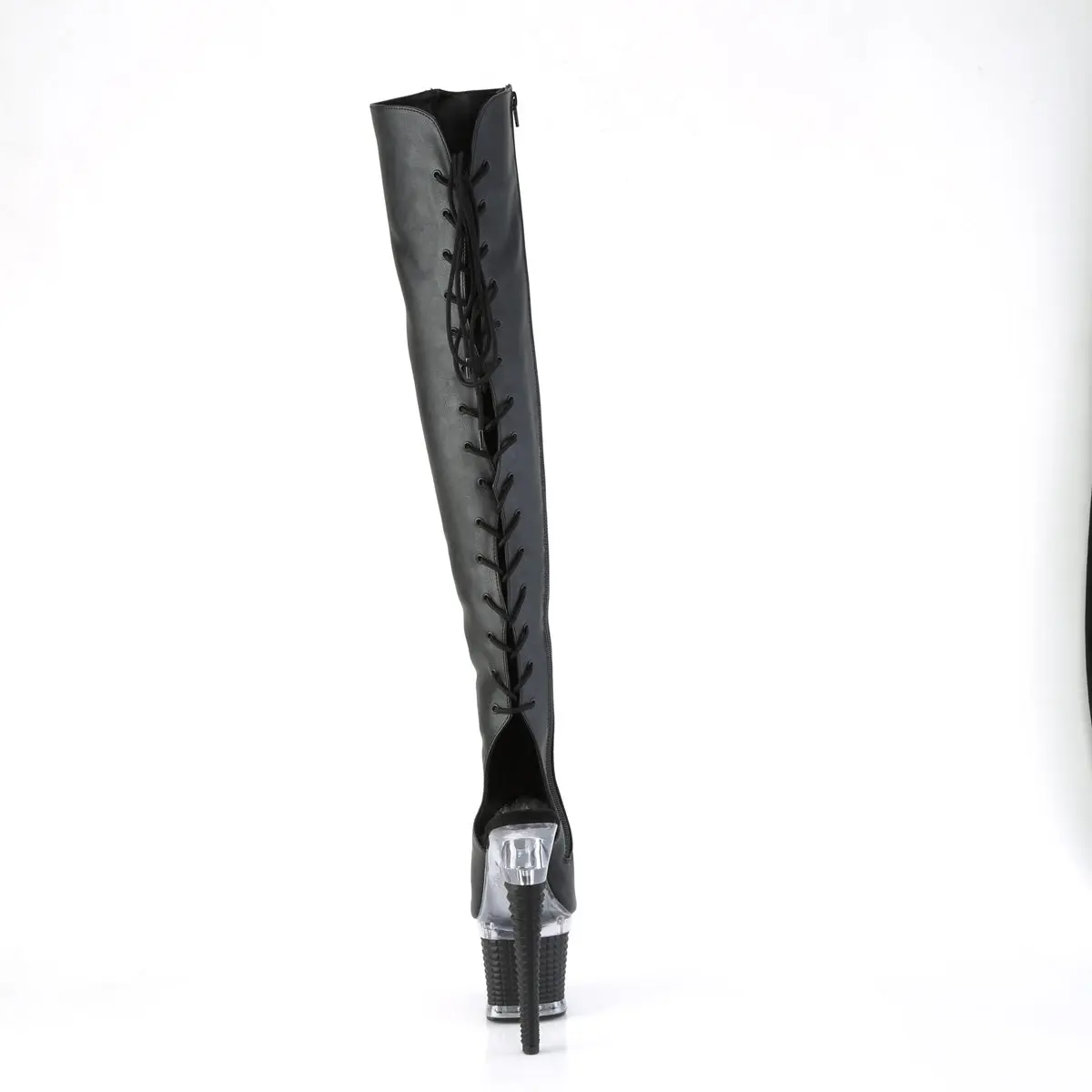 Women's 7 in Platform Heel Thigh Boot - SPECTATOR-3019, Black PU Upper, Black Heel, Open Toe, Zip Closure, Synthetic Material, Chic Footwear