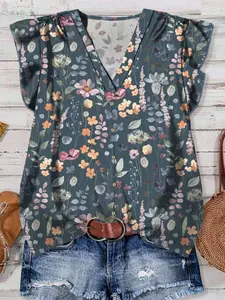 Women's Casual Elegant Flutter Sleeve Loose Top Blouses, Minimalist Design for Summer, Front Button Closure, Delicate Floral Pattern, Vintage Style, Boho Ruffle Sleeve Style Shirt, Boho Clothing