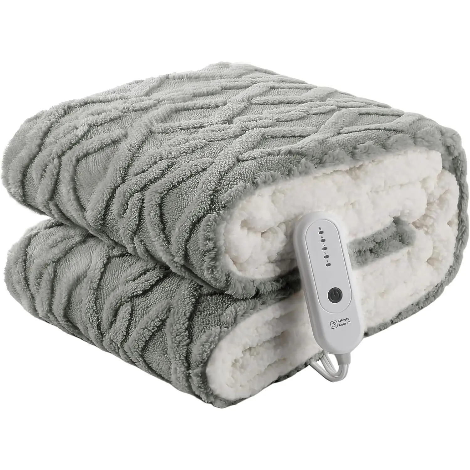 Unisex Electric Heated Throw Blanket (50inX60in) - Fluffy Ultra Soft 3D Texture, 240g+200g Sherpa for Warmth, 5 Heating Levels, 4-Hour Auto Shut-Off, Machine Washable Gray