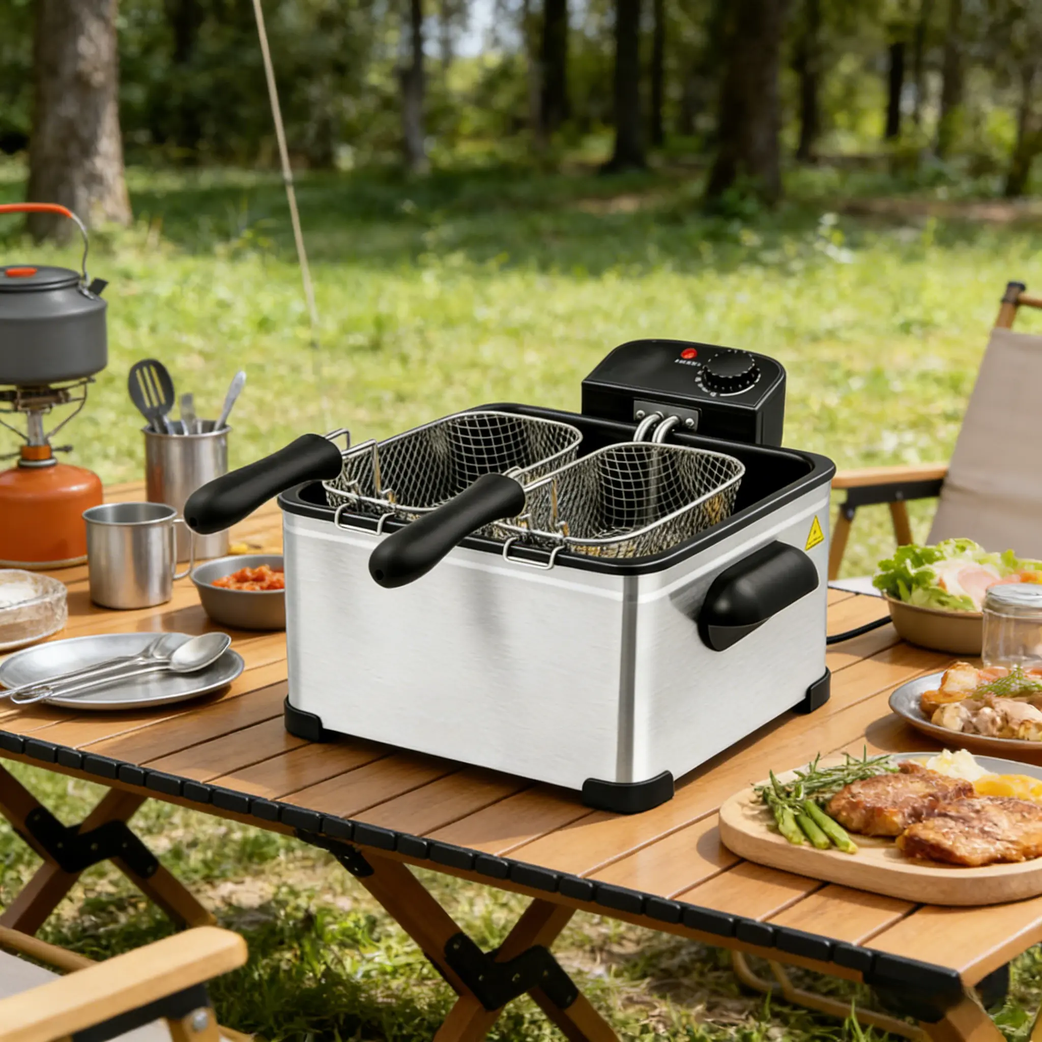 1400W 5L Adjustable Temperature Fryer - Stainless Steel Countertop Electric Frying Pan, American Standard 3-Plug, 3 Frying Baskets, Observation Window Cover, Kitchen-Ready