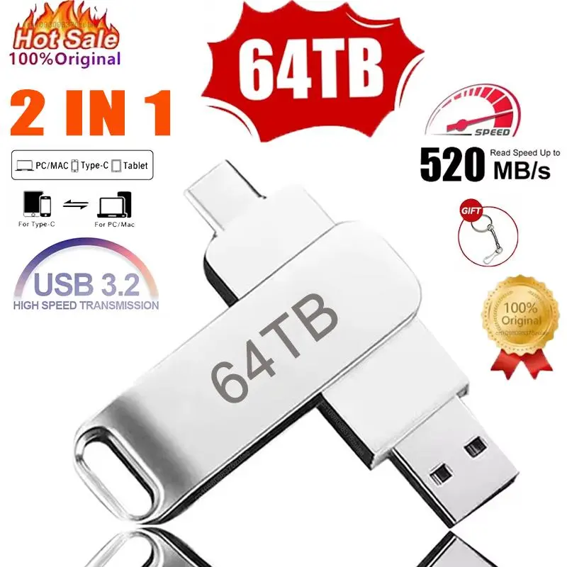 64TB USB 3.2 Flash Drives U Disk 2TB High Speed Metal Pendrive WaterProof Type-C Memoria USB Stick USB Drives 8TB 2TB 1TB