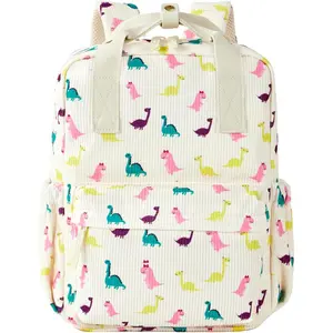 Mini Corduroy Backpack Bookbag School Bag for Toddlers Girls and Boys Preschool Daycare Kindergarten 13'' Lightweight Fits for Folder(Dinosaur-Beige Corduroy)