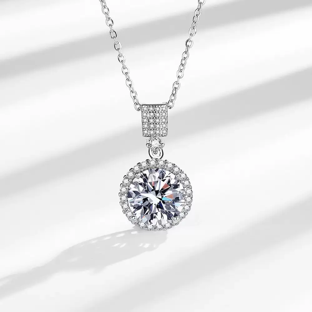 5CT Round Halo Moissanite Pendant Necklace Copper Plated White Gold