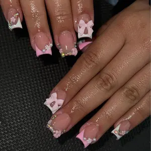 BEAUTY - 24Pcs French Pink Press on Nails Short Square Head Fake Nails with Flower Rhinestone Design Wearable Finished False Nail Tips