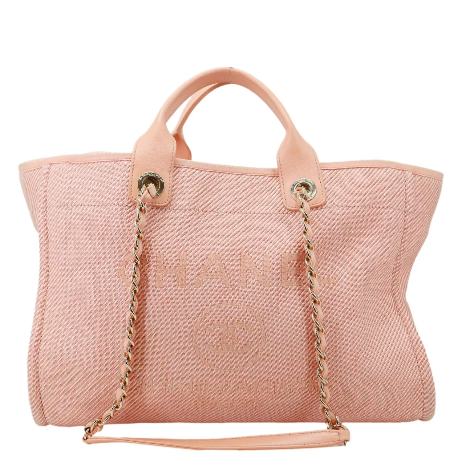 Pre-owned CHANEL Canvas Tote Bags Deauville Medium Mixed Fibers Calfskin Shopping Tote Bag Peach