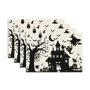 4/6pcs Happy Halloween Table Placemats Set, Halloween Pumpkin Bat Black Cat Pattern Mat, Halloween Night Party Table Decoration Mat, Halloween Spider Web Mat, Table Decoration Napkins, Plate Mat, Home Decoration, Gifts