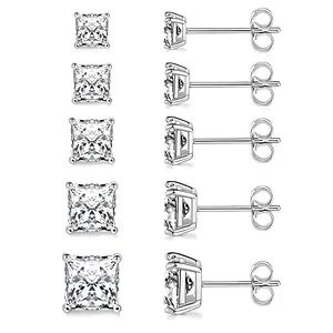 GEMSME Hypoallergenic Surgical 5 Pairs Princess Round Cut Cubic Zirconia Stud Earrings/Square Clear CZ Earring Set for Women/Men Date Stud Earring Set