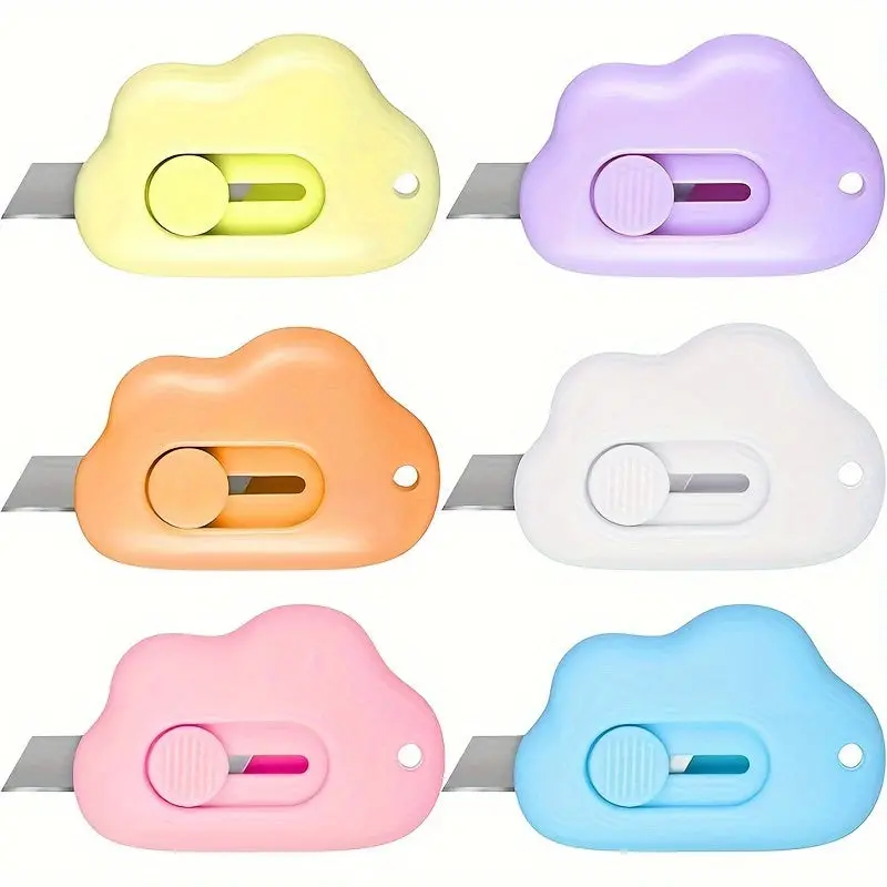 6pcs Cloud Mini Box Cutters - Portable Office Cutting Supplies with Keychain Hole, Compact Gadgets for Purse, Paper Trimmer, Home Office & School Supplies for Family Craft Projects & Shipping Boxes