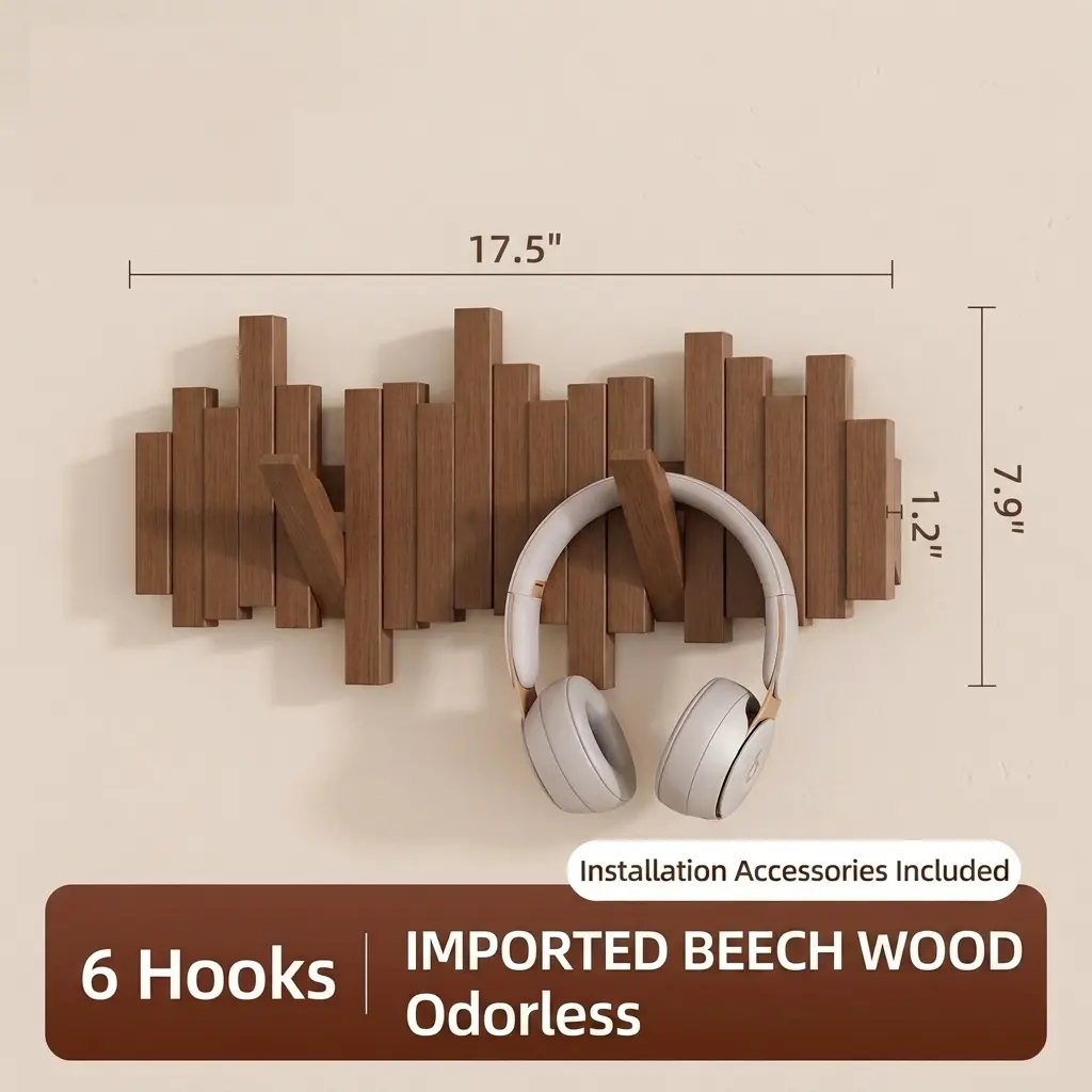 Renter-Friendly Piano Wall Coat Rack No-Drill Foldable Hooks, Solid Beech Wood Decorative Entryway Organizer for Hats Bags