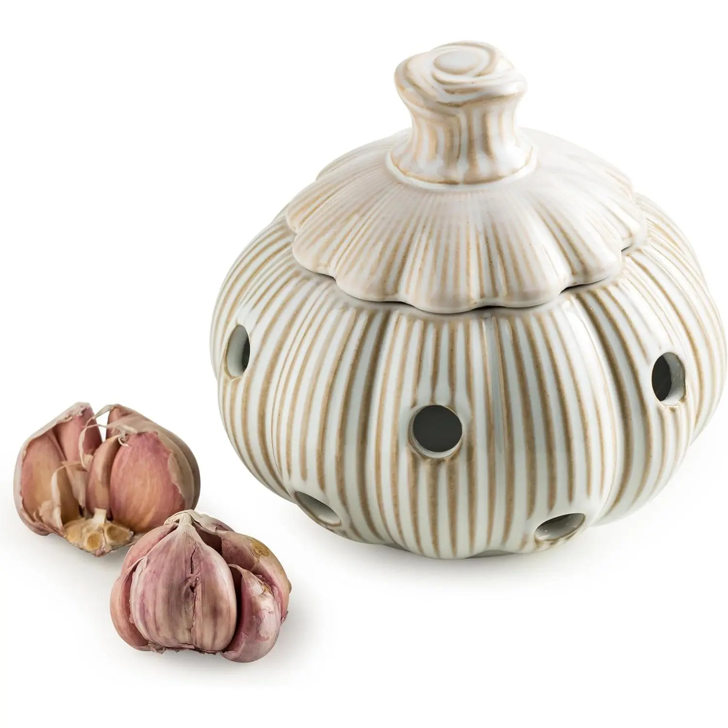 Garlic Storage Pod Ceramic Garlic Keeper with Lid Large Garlic Container for Counter White