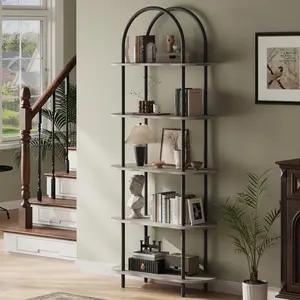 5 Tier Open Bookshelf Arched Display Racks Tall Bookshelf Freestanding Open Storage Shelf with Sturdy Metal Frame for Bedroom Living Room Home Office Bathroom Black + Graphite Gray