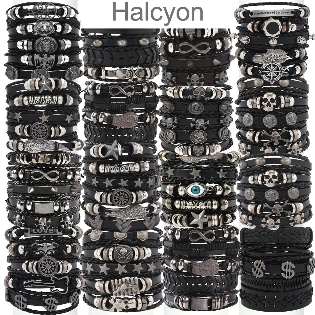 Halcyon 10/20/30Pcs Punk Faux Leather Bracelet Set, Black Multi-Layer Skull Cross Star Elastic Wristbands, Stackable Halloween Party Gift for Teens Unisex