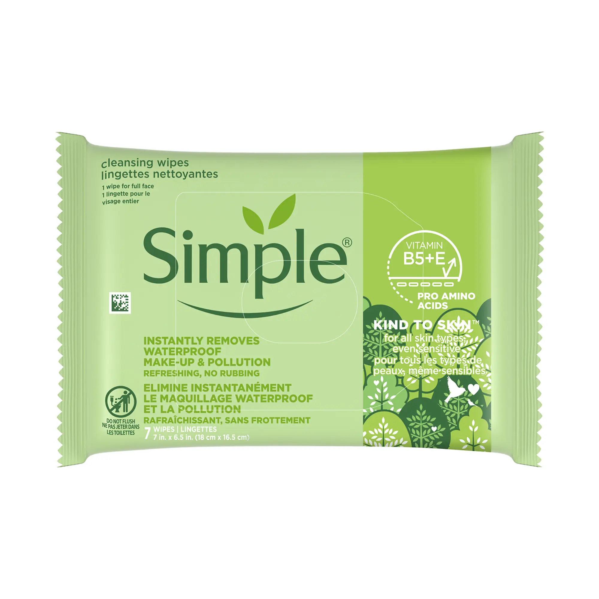 Simple Kind To Skin Cleansing Makeup Remover Wipes Vegan Facial Cleanser Wipes for Sensitive Skin Gentle Waterproof Makeup Remover With Vitamin B5 & E 7 pc