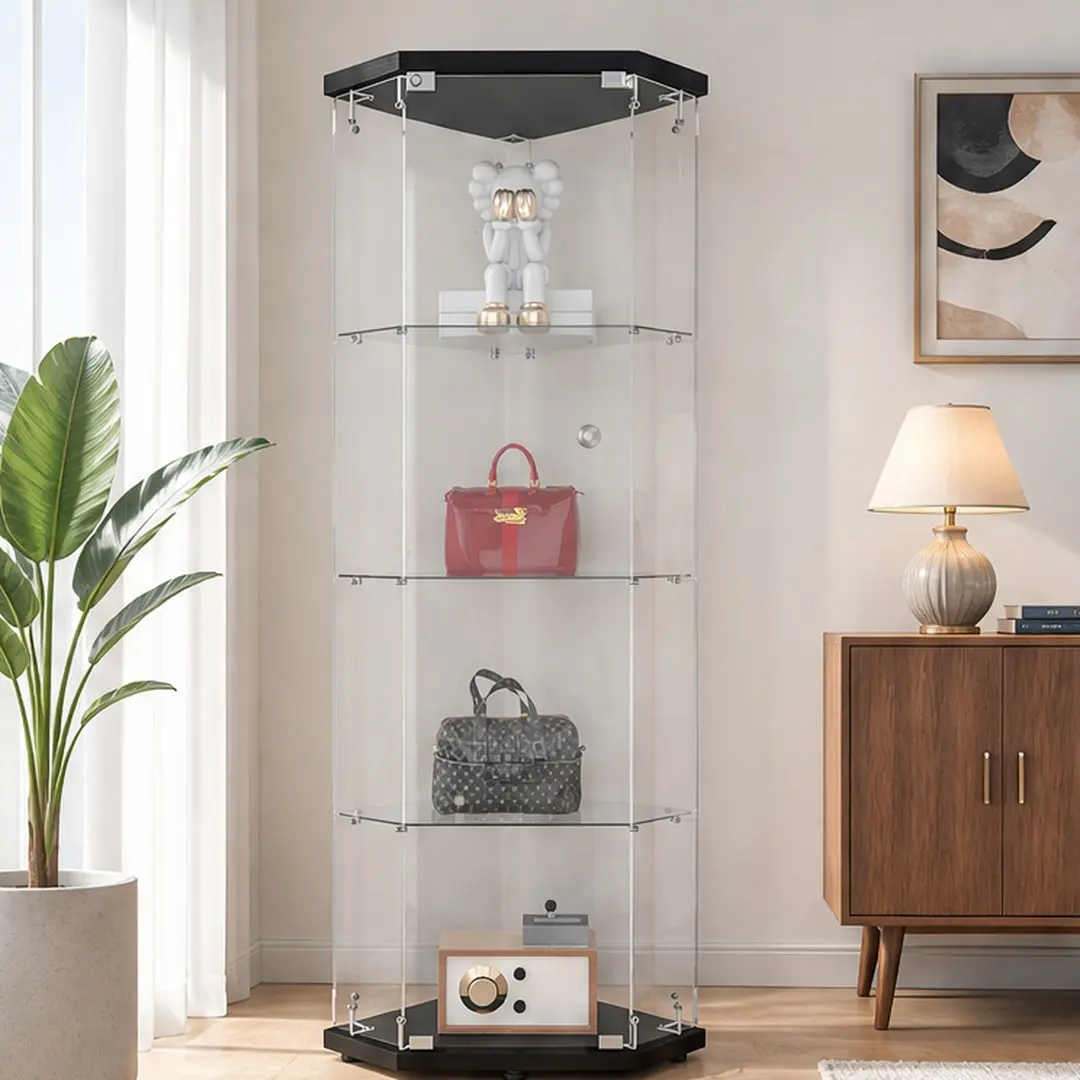 ARCH Glass Display Cabinet with 4 Shelves, Pentagon Curio Cabinet for Living Room Bedroom Office, Black Floor Standing Glass Bookshelf, Tempered Glass Shelves, Quick Assembly, 63.54H x 23.66W x 13.62D in, Black Color Options, Glass Material