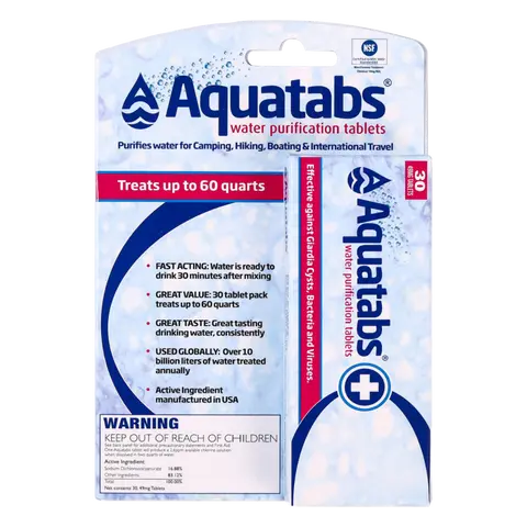 Aquatabs 49mg Water Purification Tablets (30 Pack). Water Filtration System for Hiking, Backpacking, Camping, Emergencies, Survival.