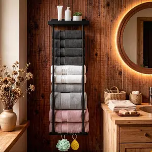 Bathroom Towel Storage Rack, Towel Racks for Bathroom Wall Mounted 30 inch with Shelf Can Holds 6 Large Towels, Wall Towel Rack for Rolled Towels, Black