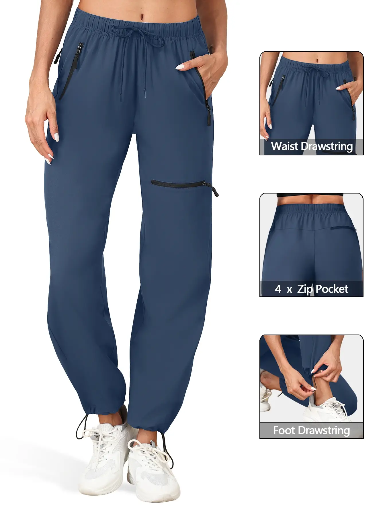 Women's Hiking Pants Quick-Dry Lightweight, Comfortable Elastic Waist Drawstring, Zipper Pockets Sporty Trousers Suitable for All Seasons Outdoor Activities