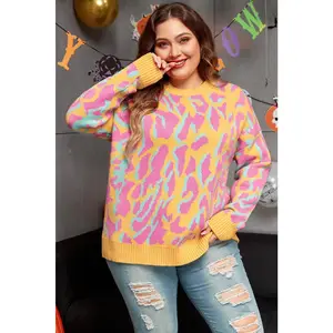 Bright Pink Plus Size Leopard Ribbed Trim Sweater