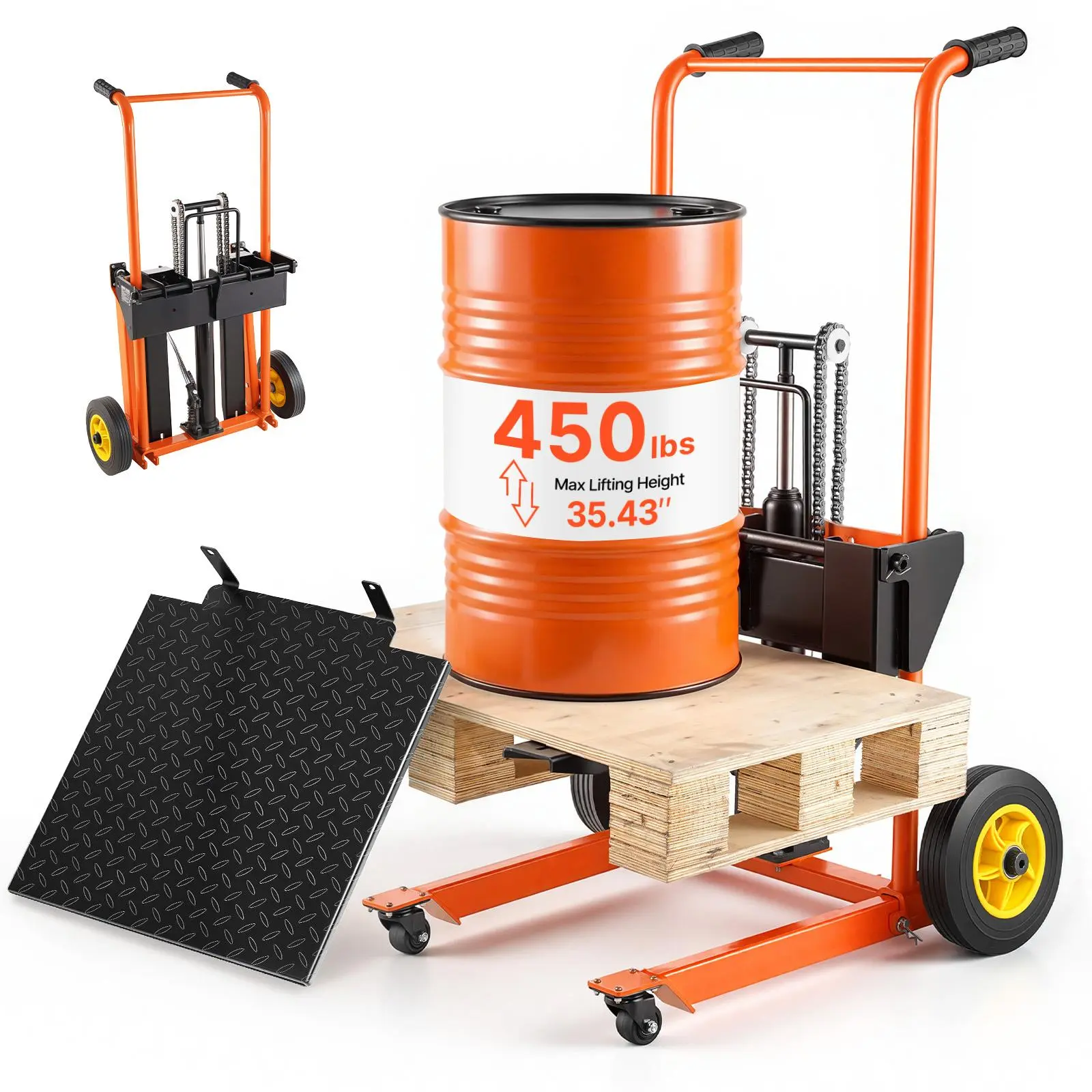 【SummerFinds】VEVOR Hydraulic Material Lift Winch Stacker, 450 lbs Load Capacity, Pallet Truck Dolly with Fork Lift Table, 35.4 Inches Max Lifting Height, Foldable & Portable Pallet Jack Table Cart, Orange & Black