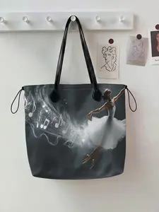 Dancer Pattern 2D Printed Drawstring Tote Bag, Large Capacity Shopping Bag, Durable and Wear-Resistant, Random Print, Casual Style