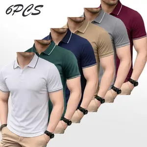 Men’s casual short-sleeve polo shirt set of 6, featuring a white striped collar design. Quick-drying and breathable golf and tennis tops, comfortable riding apparel, stylish men’s sportswear. Suitable for casual gatherings, holidays, and travel, with cont