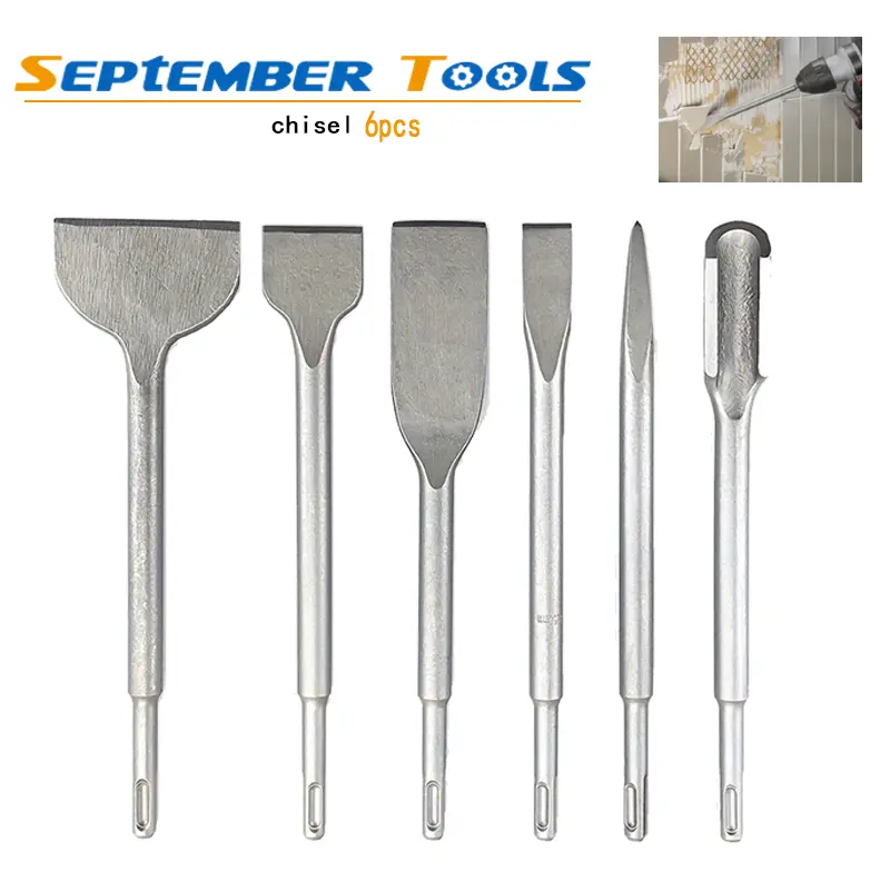 6-Piece Carbide Chisel Set with SDS Plus Handle - Tools for Precision Cutting, Tile Slotting - Durable 40Cr Steel Electric Drill Bit Kit with Sheet Design