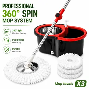 360° Spin Mop and Bucket Cleaning Set, Stainless Steel Basket, Adjustable Extendable Long Handle, Soap Dispenser, 3 Extra Reusable Washable Microfibre Mops Heads for Vinyl & All Floor Types