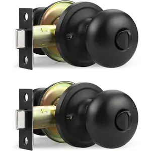 Door Knob with Lock, Keyless Door Knob Interior for Bedroom and Bathroom, Easy Install Quiet Round Knob for Standard Doors, Matte Black, 2 Pack