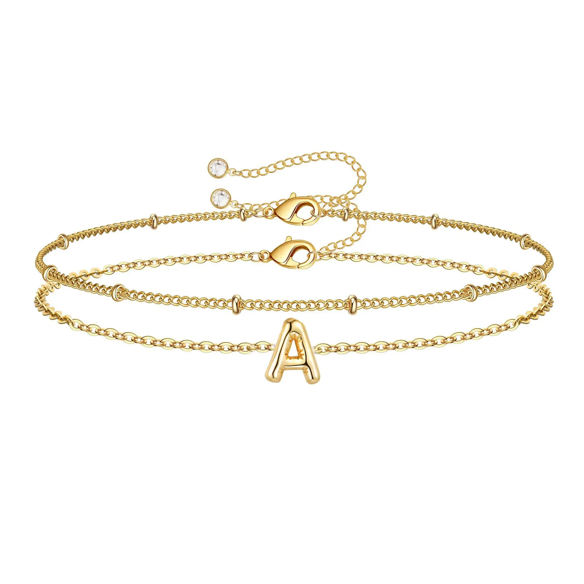 KOPERIN Women's Elegant Dainty Thin Cuban Balloon Bubble Letter Bracelets - Ultra-Slim Chain, Cubic Zirconia, 6.8 in, Extender for Fine-Tune Fit, Stackable Bracelets, Fashion Female Trendy Accessories, Daily Minimalist Gift