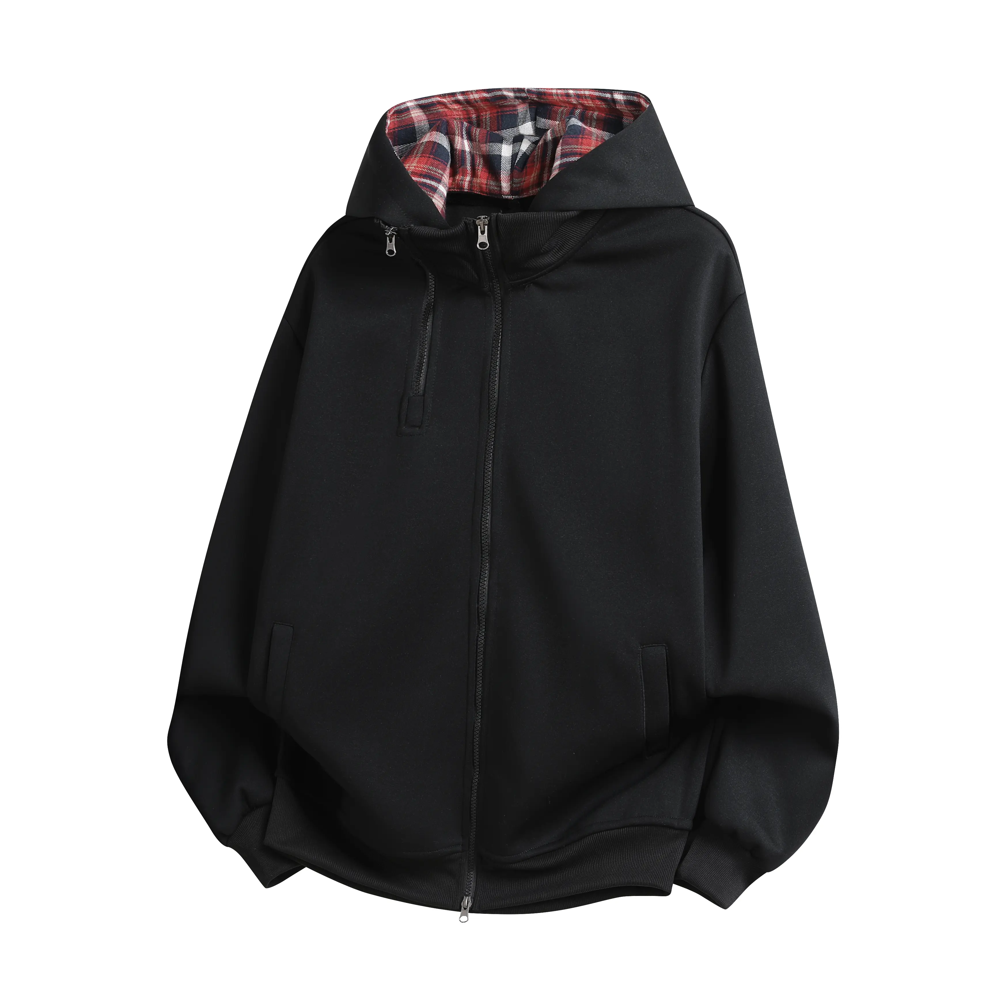 Men’s vintage plaid lined hooded sweatshirt, American dual zipper design, loose fit, versatile for everyday wear and commuting, long sleeves, cardigan style