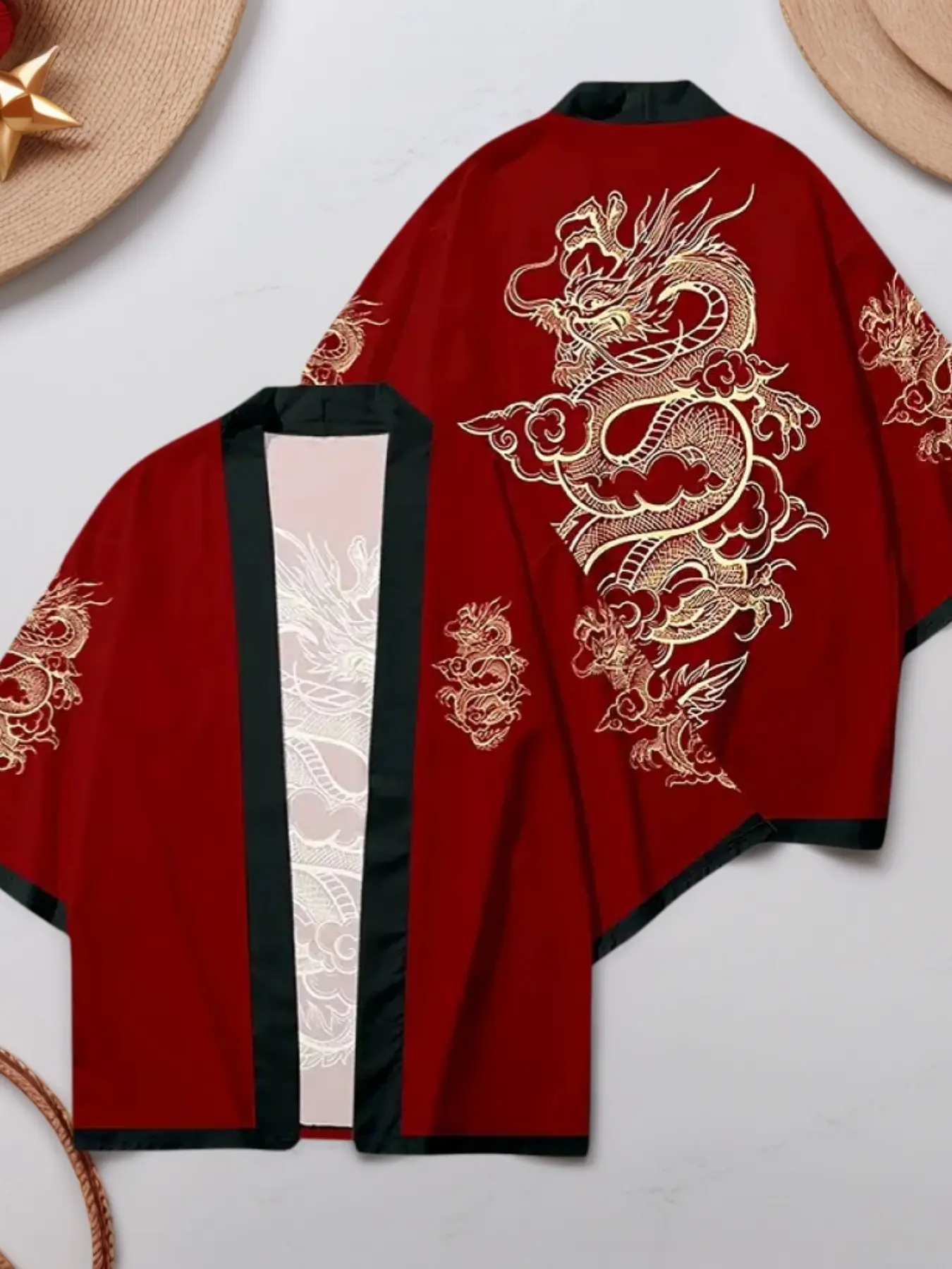 Traditional Chinese Cultural Men's Hanfu Cardigan, Dragon Print, Lightweight Loose-Fit Kimono Style, Casual Seven-Quarter Sleeve Jacket, Clothes, Traditional Clothing