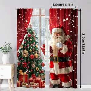 2 Pieces of Santa and Christmas Tree Printed Curtains - Home Decoration Curtain, Festive Red Rod Pocket Design with Snowflakes to Enhance Natural Light and Add Elegance to Living Rooms, Bedrooms, Kitchens, Cafes (Rod Free), Festive Window Decorations