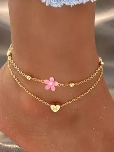 Mother's Day Gift Women's Stainless Steel Chain Dainty Layered Anklet , Heart Initial Pink Color Flower Design, Fashion Jewelry for All Seasons, Summer Jewelry