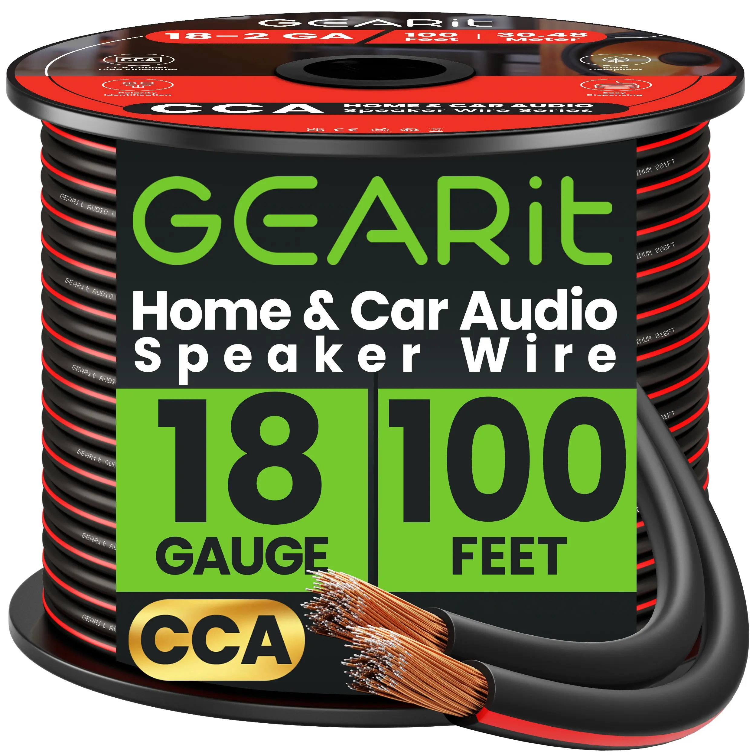 GEARit 18 Gauge Flexible CCA Speaker Wire - High Quality, Copper Clad Aluminum, Banana Plug Compatible, Lifetime Guarantee, for Car Audio Enthusiasts, Home Audio Receiver, Amplifier, Stranded Pro Series Cable