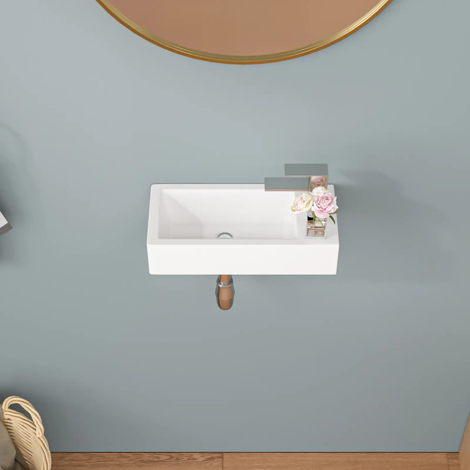 Sarlai 14 x 9 Wall Mount Bathroom Sink Rectangle White Ceramic Bathroom Sink Wash Basin Small Floating Ceramic Sink, Right Hand