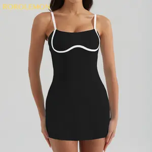 ROROLEMON Women's Anti-Slip Tennis Dress, Color Block Built-in Bra Bodycon Workout Dress for Yoga, Running & Golf