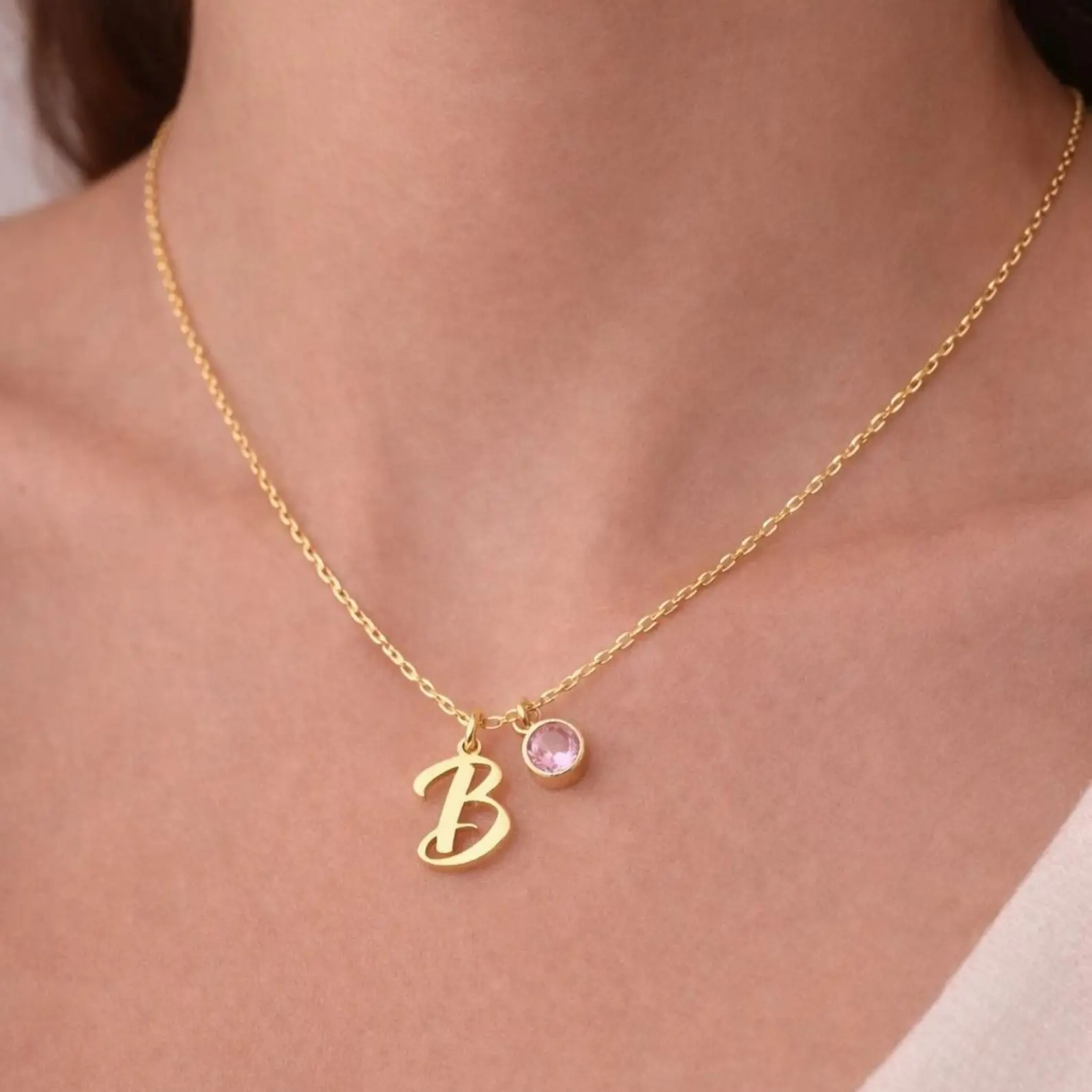 AS921 Personalized Customization 26 English Letters Birthstone Pendant Stainless Steel Necklace Birthday Gift Men and Women