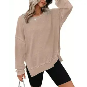 [Soft Waffle Sweatshirt] Soft Beige Women's Waffle Sweatshirt |     Crewneck Long Sleeve Casual Pullover with Side Slit, Machine Washable, Waffle Long Sleeve, Spring Fall Clothing, Durable Casualwear, Relaxed Fit,   Fabric Womensw