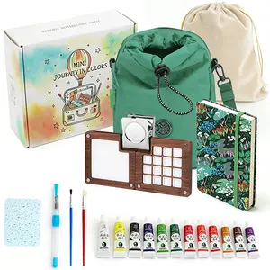 Mini Wooden Watercolor Paint Set, Portable Watercolor Kit, All-in-One Pocket Travel Art Kit: 15-Grid Palette, 12-Color Pigment, Brushes, Sketchbook, Clip, Sponge & Bags- Art Supplies Gift for Beginners & Artists