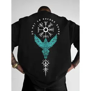 Men's Norse Rune & Raven Graphic Long Fitted Sports Top, Round Neck, Nordic Mythology Streetwear, Cultural Print Urban Outfit, Soft Comfortable Fabric, Versatile for Relaxed Evenings & Casual Hangouts, Ideal for Wardrobes, Mens Gifts