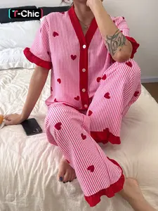 Valentine's Day Elegant Chic Loose Women's Sleepwear Set, Heart Pattern V Neck Short Sleeve Top and Long Pants, Lightweight Polyester Homewear, Pajama Set, Loungewear, Pjs