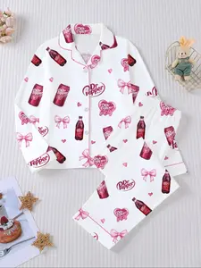 Dr Pepper Print Kids Pajama Set, Fire Retardant Long Sleeve Shirt & Loose Fit Pants, Sweet Cute Style, Casual Wear for Children, Pastel Cute Pajamas, Print Sleepwear, Pepper Printed Pajamas