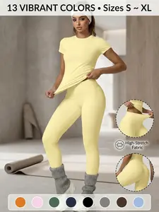 Women's Sportswear Set, Sporty Set, Slim-Fit Round Neck Short Sleeves & High-Waisted Yoga Pants, Ideal for Gym Running Outdoor Activities, Athletic Wear