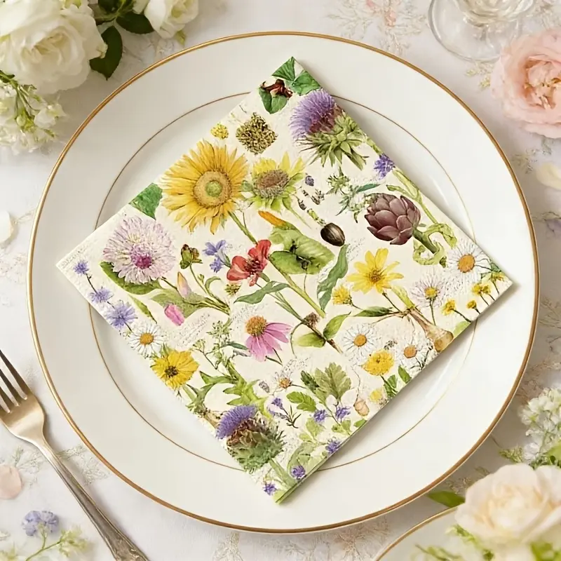 20 pieces of napkins with floral designs, in watercolor plant style, are highly suitable for spring outings, garden celebrations, rural table decorations, as well as adding atmosphere to birthdays and weddings.