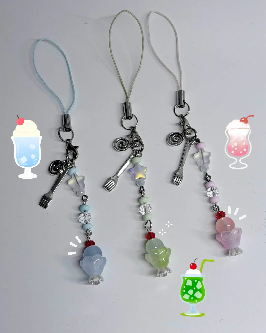 Kawaii Melon Soda Charm Keychain – Strawberry & Blue Ramune Japanese Drink Bag Charm